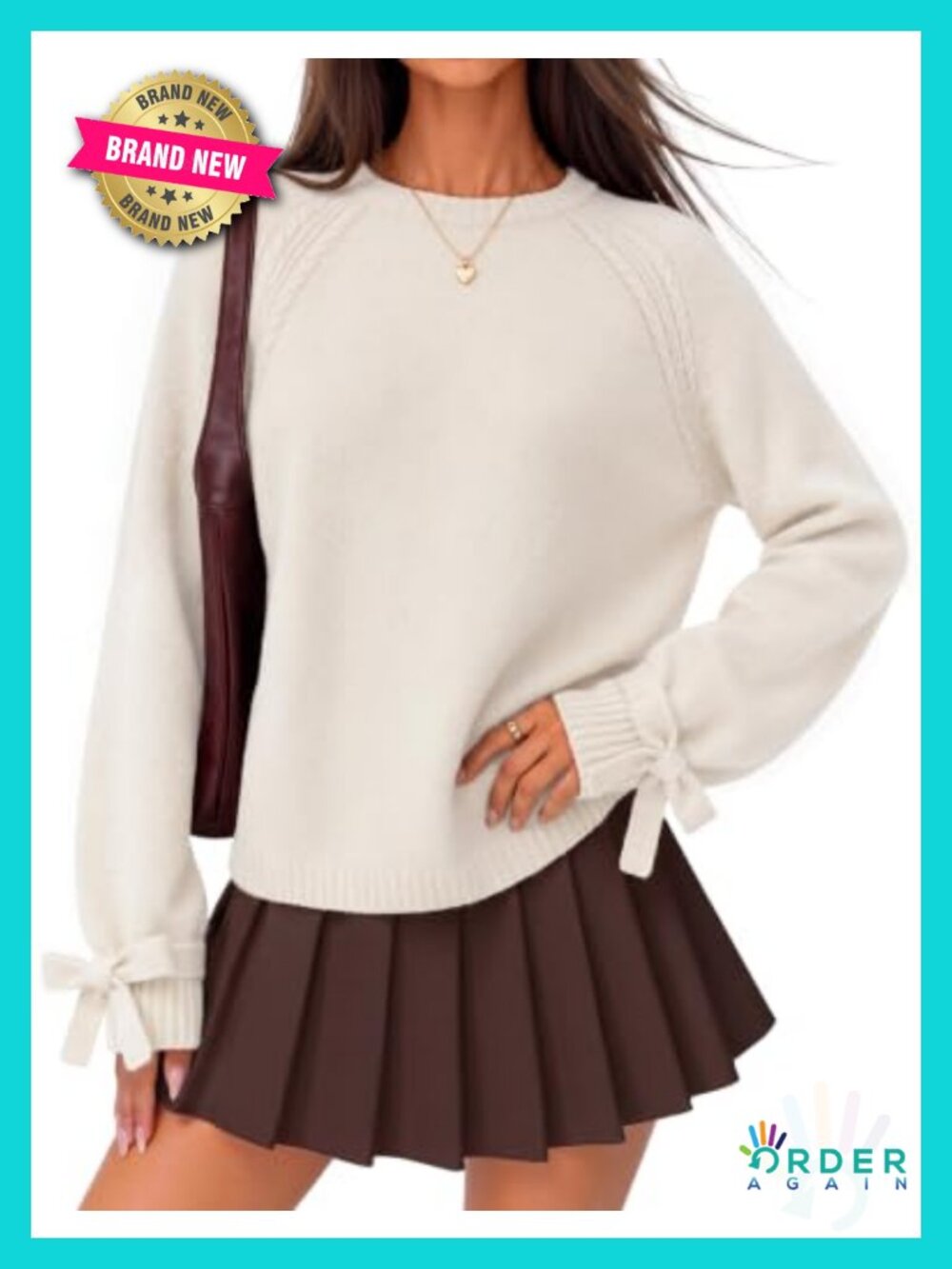 Womens Cable Knit Bow Cuff Pullover Sweater Cozy Fall